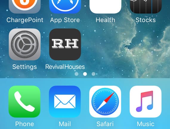 iPhone home screen that has the RevivalHouses.com icon for launching the website.